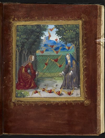 Stowe 955 f.13r Pigor och bevingade hjärtan, miniatyr från 