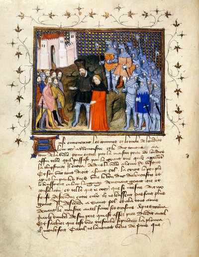 (Hel folio) Kung Richard II, ledd fången av Henry Bolingbroke till London, avsäger sig tronen; dekorerad bård med text nedan. av The Virgil Master