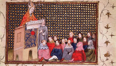 Harl 1319 f.12 Ärkebiskop Arundel predikar för Henriks sak, från 