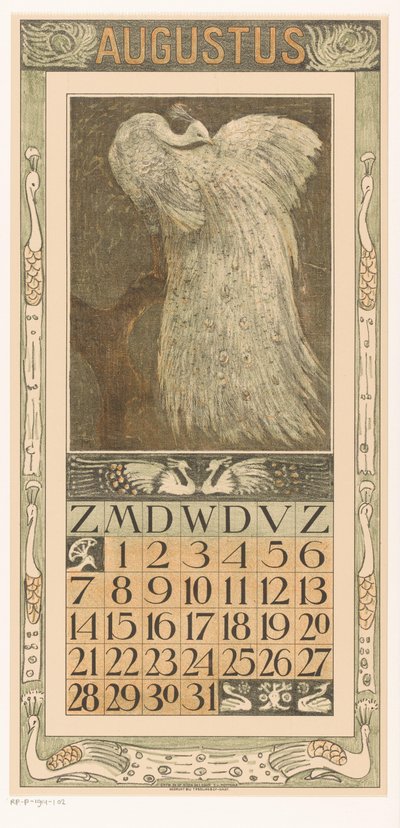 Augusti kalendersida med vit påfågel Kalender 1910 12 litografier av Th. v. Hoytema (serietitel) av Theo van Hoytema