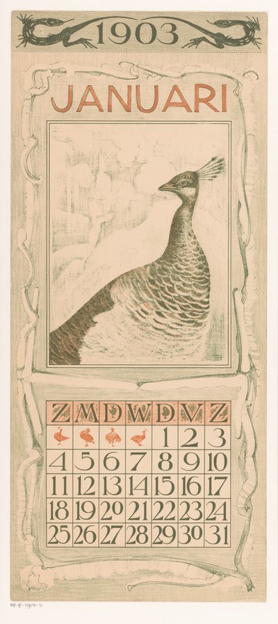 Januari kalenderblad med påfågel Kalender 1903 12 litografier av Th. v. Hoytema (serietitel) av Theo van Hoytema