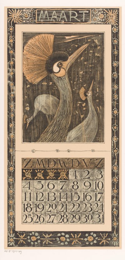 Kalenderblad Mars med krona kranar Kalender 1906 12 litografi av Th. v. Hoytema (serietitel) av Theo van Hoytema