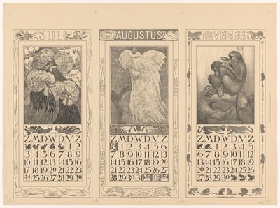Kalendrar för juli, augusti och november 1910 av Theo van Hoytema