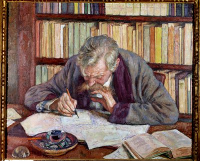 Porträtt av den belgiske poeten Emile Verhaeren (1885-1916) på hans kontor Målning av Theodore Van Rysselberghe (1862-1926) 1900-talets Paris. Kommunala museet för modern konst av Théo van Rysselberghe