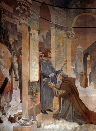 Kung Ludvig IX (Saint Louis) (1214-1270) överlämnar Charter of Foundation of College of Sorbonne till Robert de Sorbon (1201-1274), hans biktfader 1257 Målning av Theobald Chartran (1849-1907) Paris, La Sorbonne av Theobald Chartran
