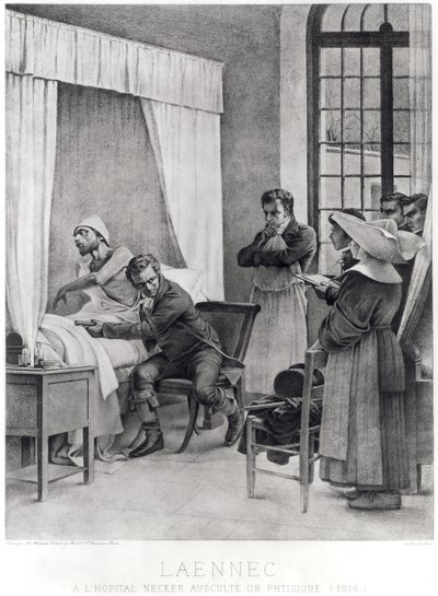 Rene Theophile Hyacinthe Laennec (1781-1826) lyssnar på bröstet på en man med konsumtion, 1816 av Theobald Chartran
