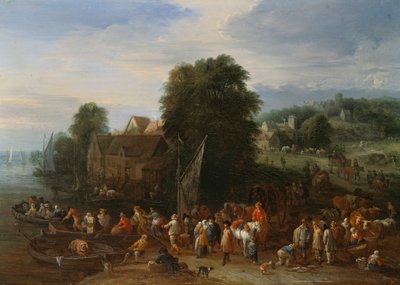 Resenärer som går ombord på en färja (olja på panel) av Theobald Michau