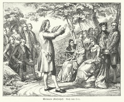 The Weimar Court of the Muses: tysk poet och dramatiker Friedrich Schiller som läser på Schloss Tiefurt, med Christoph Martin Wieland, Johann Wolfgang Goethe och Johann Gottfried Herder bland de lyssnande (gravyr) av Theobald Reinhold von Oer
