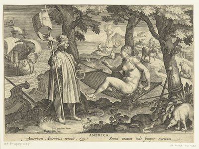 Amerigo Vespucci sätter sin fot i Amerika Amerika. Amerika Amerika återträder. Semel vocauit inde semper excitam (titel på objekt) Nya uppfinningar och upptäckter (serietitel) Nova Reperta (serietitel) av Theodoor Galle