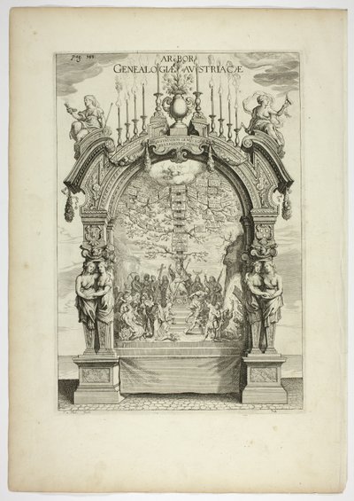 Den österrikiska kungafamiljens genealogiska träd, tavla 32 från Casperius Gevartius, den mest fridfulla och hedervärde kardinal-infante Ferdinands triumferinträde av Theodoor van Thulden