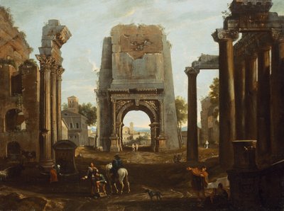 En Capriccio av romerska ruiner med Titusbågen och figurer (olja) av Theodor (circle of) Helmbreker
