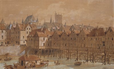 Grand Chatelet och Pont aux Meuniers (penna, bläck och wc på papper) av Theodor Josef Hubert Hoffbauer