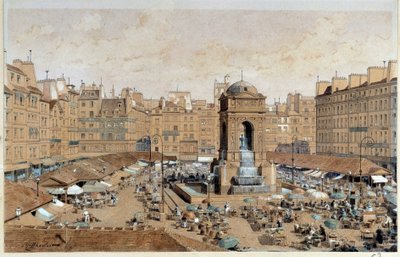 Utsikt över Marche och de oskyldigas fontän i Paris på 1800-talet. Akvarell av Theodore Joseph Hubert Hoffbauer (1839-1922) 1800-tal Paris, Musee Carnavalet av Theodor Josef Hubert Hoffbauer