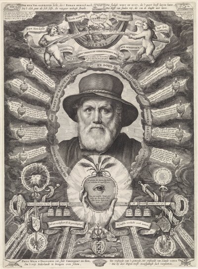 Porträtt av Dirck Volckertsz. Coorndeer i allegorisk ram av Theodor Matham