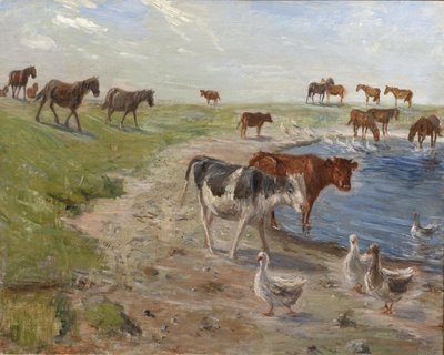 Kalvar och gäss vid ett vattenhål på ön Saltholm av Theodor Philipsen