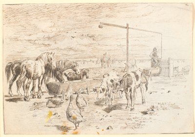 Hästar, kalvar och gäss vid Holländerbrønden på Saltholm av Theodor Philipsen