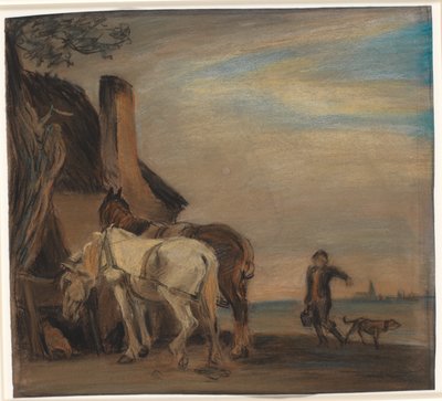 Charles tar med vatten till två hästar (kopia efter Paulus Potters målning på Louvren) av Theodor Philipsen
