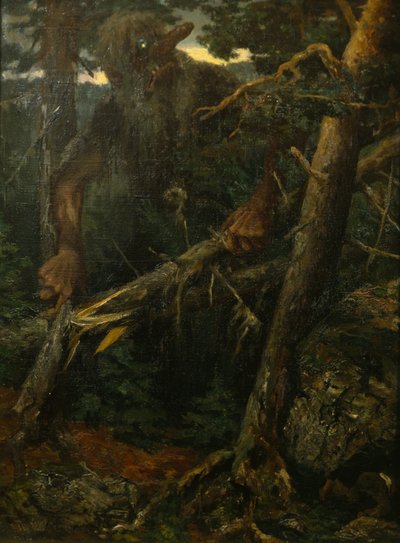 Gammalt troll som bryter träd i skogen av Theodor Kittelsen