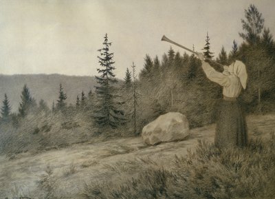 Uppe under berget låter ett träblåsinstrument av Theodor Kittelsen