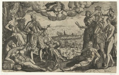 Jämförelse mellan Oranje och Alva, med Spanska Fury i bakgrunden, ca 1577 av Theodor de Bry (attributed to)