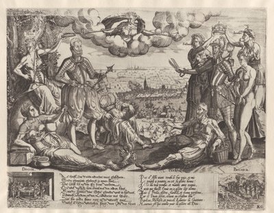 Jämförelse mellan Oranje och Alva, med Spanska Fury i bakgrunden, ca 1577 av Theodor de Bry (attributed to)