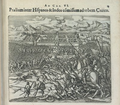 Strid mellan spanjorerna och indianerna vid grindarna i Cuzco, 1596. av Theodor de Bry