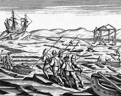 Byggande av ett hus för vintern på Nordpolen, ca 1600 (gravyr) av Theodor de Bry