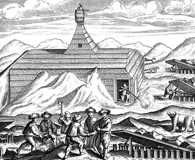 Stycka upp en björn på Nordpolen, ca 1600 (gravyr) av Theodor de Bry