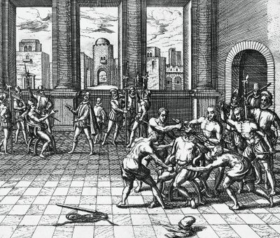 Inka-kejsaren Atahualpa bevakas av Pizarros trupper, 26 juli av Theodor de Bry