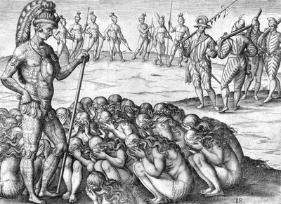 Indiska fångar saturiwa av indianer potano av Theodor de Bry