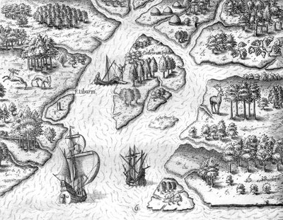Jean Ribault ställer upp en pelare med den franske kungens vapen vid Charlesfort av Theodor de Bry