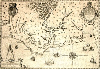 Karta över 1590 graverad av Theodore de Bry efter akvarell av den engelske kolonisten John White, guvernör i Roanoke. Virginia och kusten med små öar och Roanoke vid flodens mynning. Secotan och Weapemeocs hemländer. av Theodor de Bry