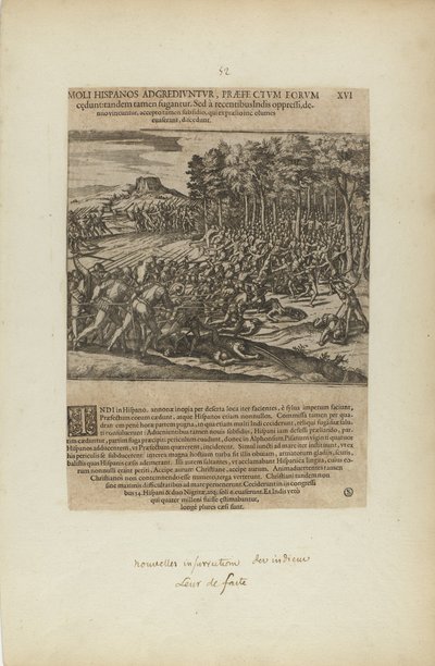 Moli Hispanos Adgrediuntur, Praefe Ctum Eorum/Cedunt: Tandeum.... (från boken Americae, del fem) av Theodor de Bry
