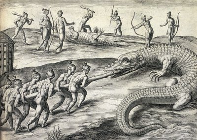 Nakna indianer jagar alligatorer i Florida, USA av Theodor de Bry