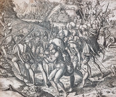 Infödda som bordas på fartyg för att föras till slaveri i Sevilla, gravyr av Theodor de Bry (1528-1598), Antillerna av Theodor de Bry