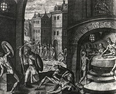 Präst dödar offer för falskt slagsmål och flår sedan kroppen, Mexiko, gravyr från Peregrinationes, av Theodor de Bry (1528-1598), Centralamerika av Theodor de Bry