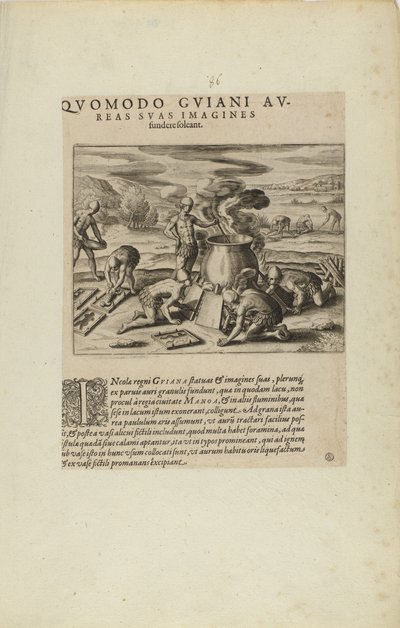 Quomodo Guiani Au-/reas Suas Imagines/Fundere Soleant. (från boken Americae, del sju och åtta) av Theodor de Bry