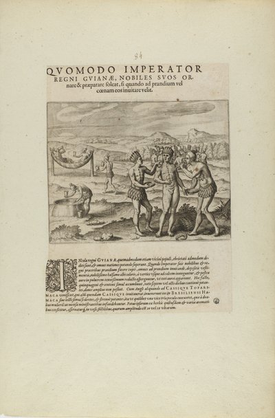 Quomodo Imperator/Regni Guianae, Nobiles Suos Or-/Nare.... (från boken Americae, del sju och åtta) av Theodor de Bry