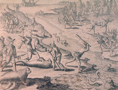 Slakt av sjölejon av upptäcktsresande av Theodor de Bry