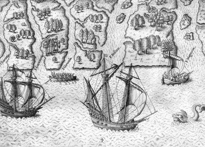 Fransmännen utforskar sex floder vid Floridas kust av Theodor de Bry