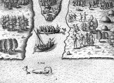Fransmännen seglar på River May av Theodor de Bry