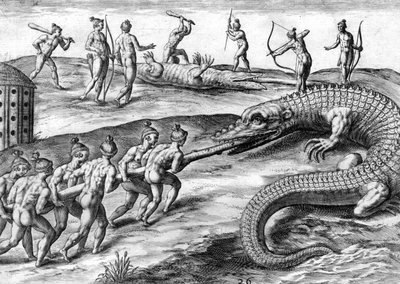 Timucuan-indianer jagar alligator av Theodor de Bry