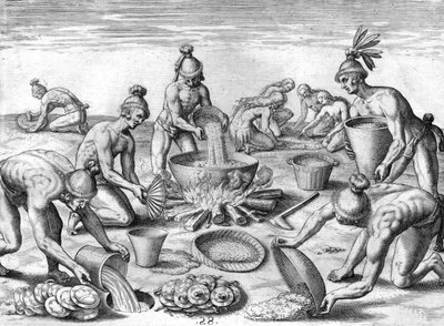 Timucuan-indianer förbereder en festmåltid av Theodor de Bry