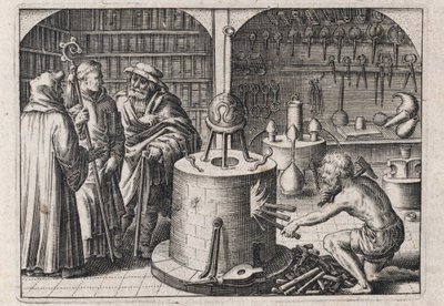 Tre forskare samtalar i alkemiverkstaden, med ugn och instrument - Gravyr av Theodore de Bry (1528-1598), för alkemiavhandlingen ""Tripus avreus, hoc est, Tres tractatus chymici selectissimi"" av Michael Maier (1569-1622) av Theodor de Bry