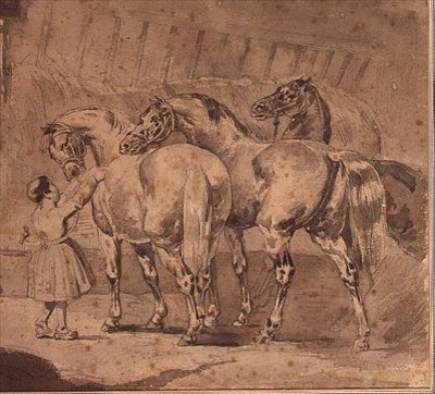 Liten flicka som matar hästar i ett stall (penna & grå tvätt) av Theodore (attr. to) Gericault