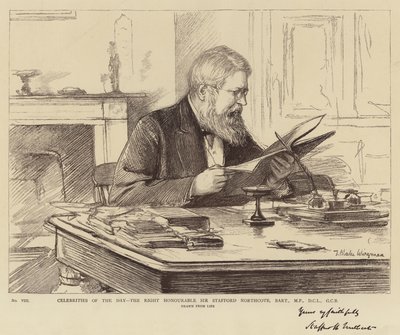 Dagens kändisar, den högra ärade Sir Stafford Northcote, Baronet, MP, DCL, GCB av Theodore Blake Wirgman