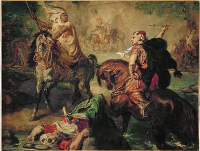Arabiska stamfränder som utmanar varandra i singelstrid, under en stads vallar (olja på duk) av Theodore Chasseriau