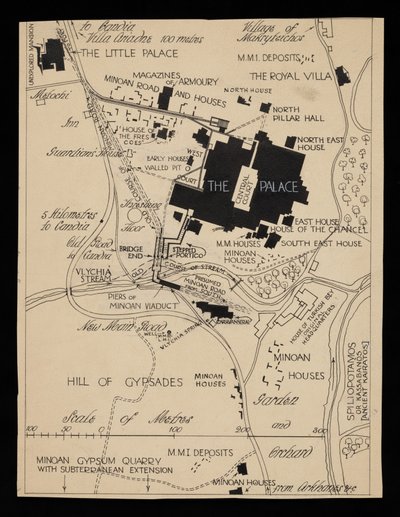 Karta över Knossos byggnader som omger palatset, cirka 1903 av Theodore Fyfe