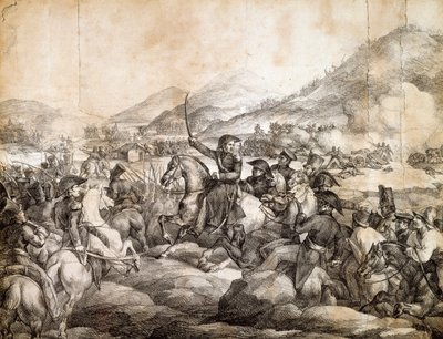 Slaget vid Chacabuco, februari 1817, som dekreterade Jose De San Martins seger över spanska, av Theodore Gericault, ritning, Argentina av Theodore Gericault