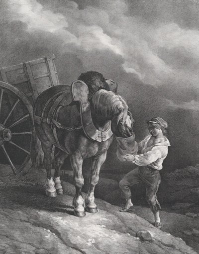 Pojke som matar en vagnhäst från en näspåse, 1822. av Theodore Gericault